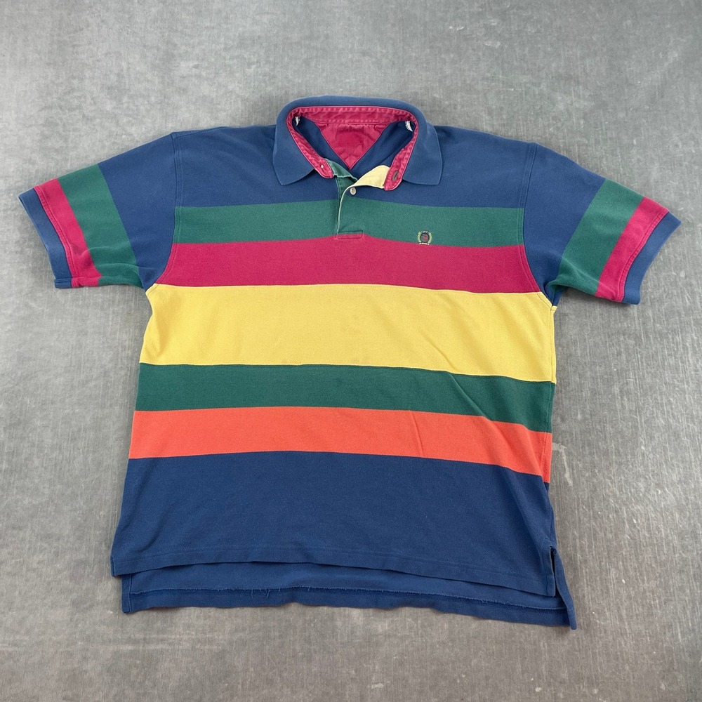 Tommy Hilfiger Mens Large Multicolor Striped Polo Shirt Vintage Crest Logo